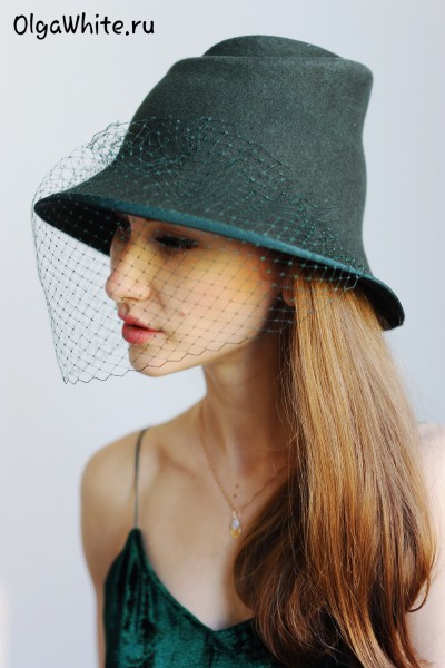 Зеленая фетровая женская шляпка купить с вуалью шляпа
