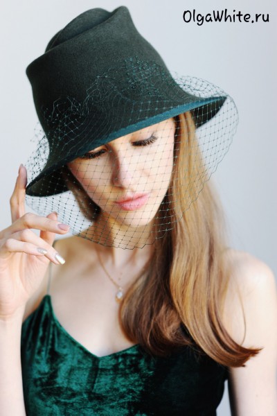 Зеленая фетровая женская шляпка купить с вуалью шляпа