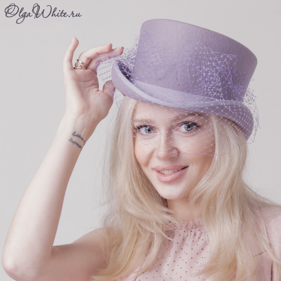 Шляпа цилиндр женская фетровая сиреневая лиловая купить